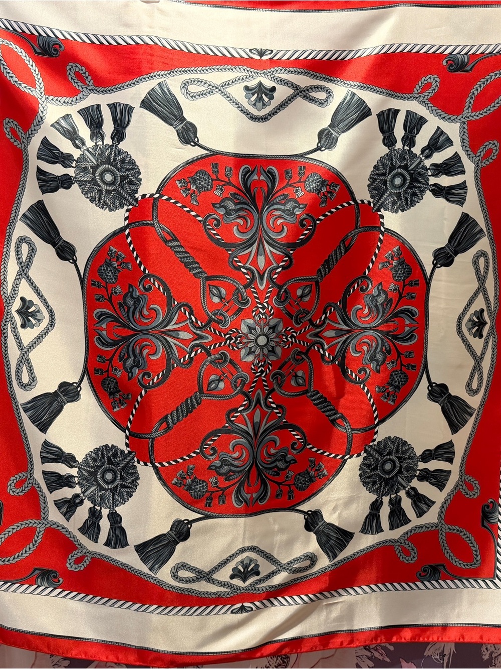 Red and Cream Decorative Silk Scarf with Black Motif